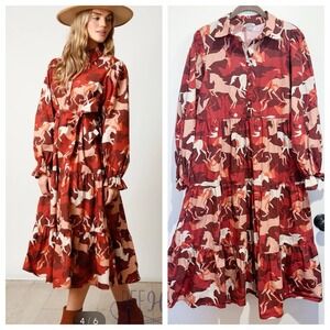 Equestrian Elegance Horse Print Poplin Maxi Dress Fantastic Fawn Women's L READ*